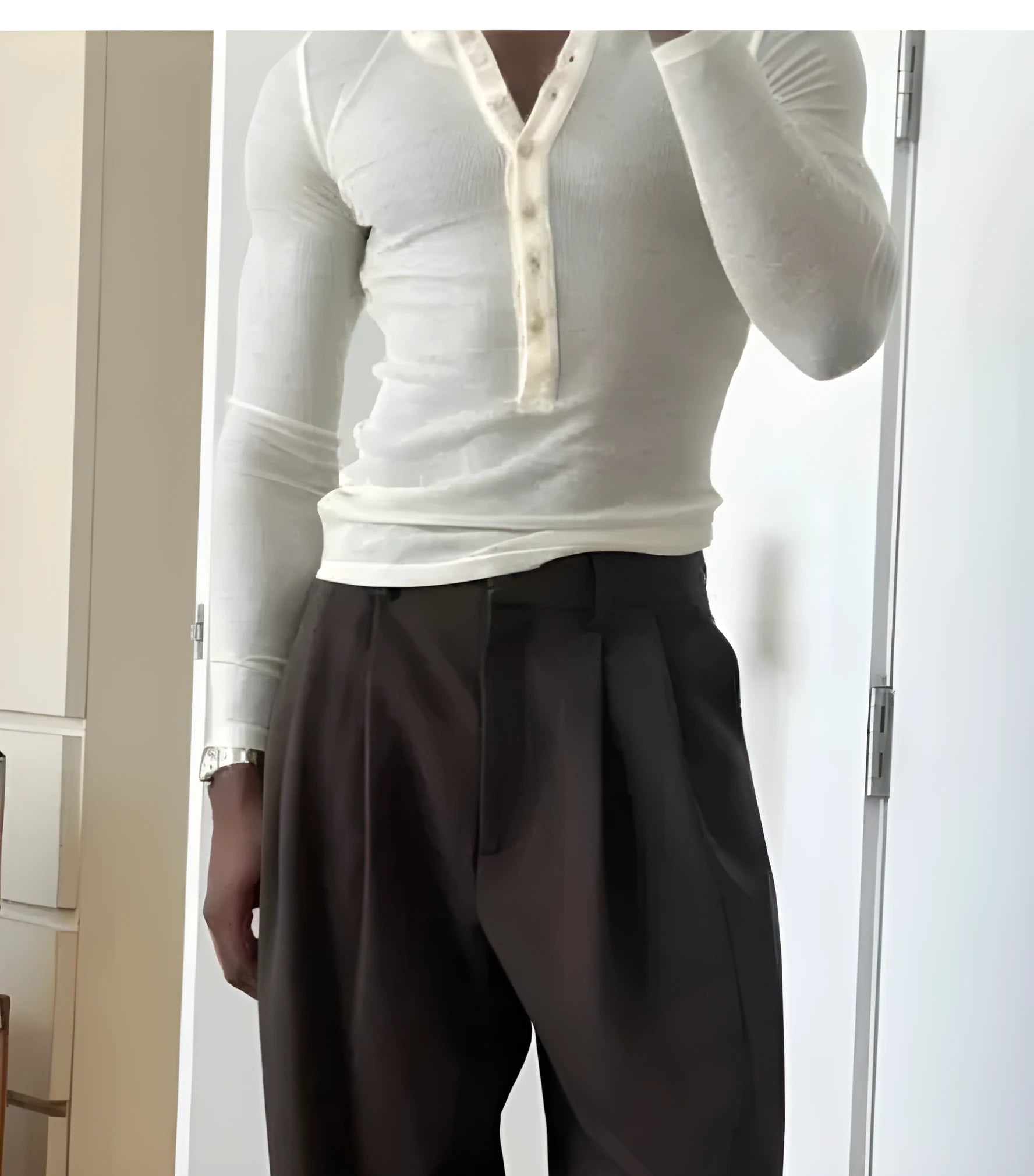 Men's cream-coloured ribbed long-sleeve henley top with a four-button placket