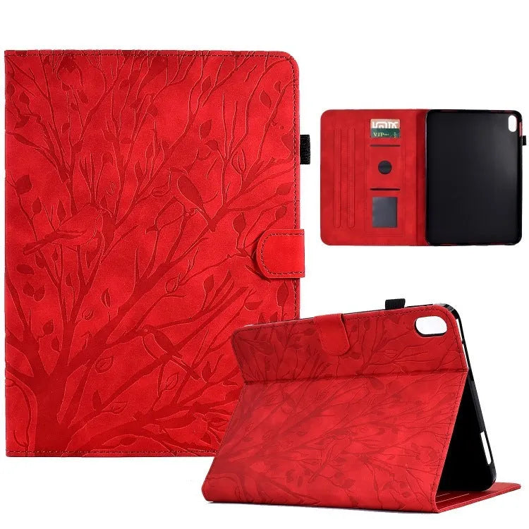 Leather-look tablet protective case with integrated stand in black, shown propping up a tablet.