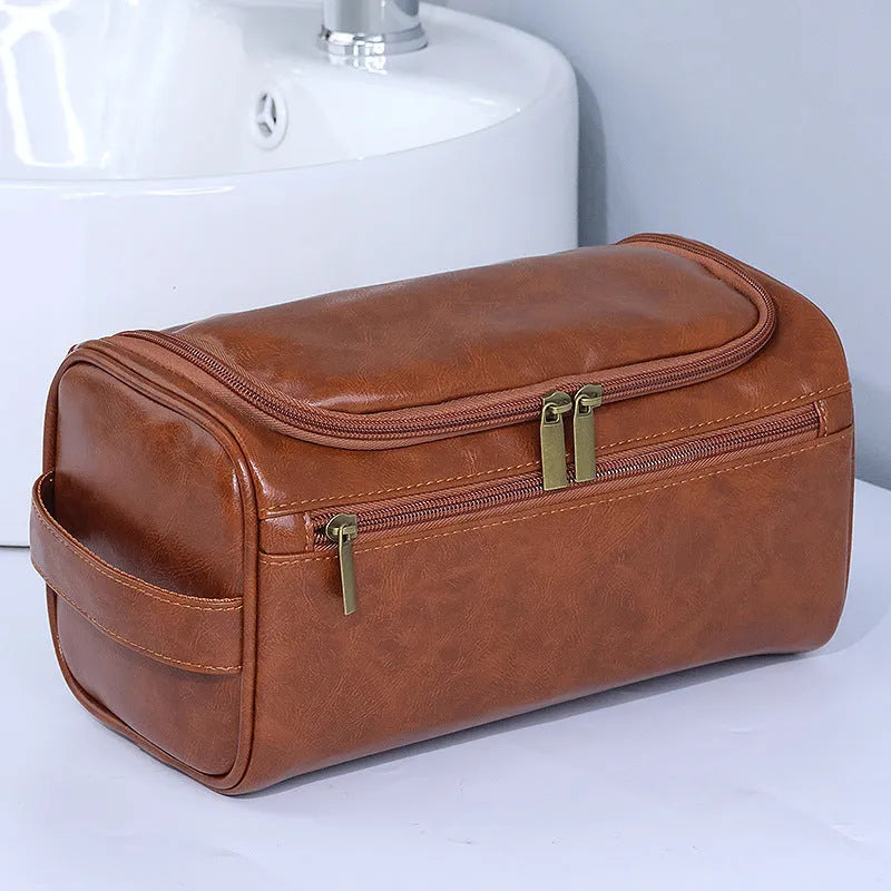 Large waterproof cosmetic bag in retro style, shown in PU leather brown and Oxford cloth navy blue options.