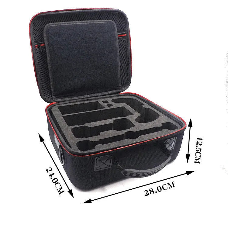 Black EVA game console accessory storage bag with offset printed design, shown with controllers inside.
