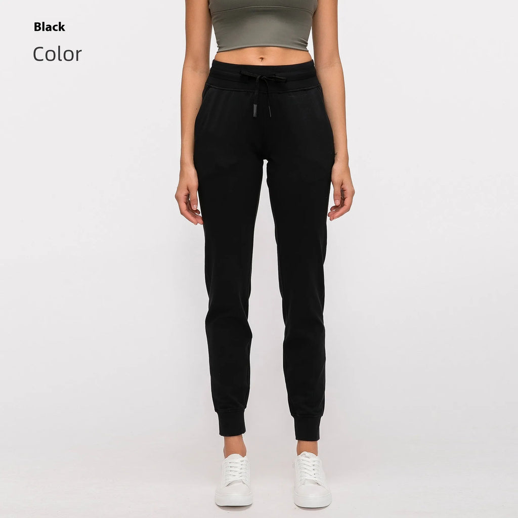 Women's high waist yoga pants in distilled coffee colour with drawstring waistband