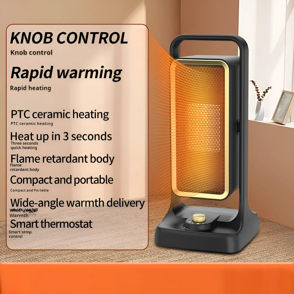 Compact black desktop PTC ceramic air heater with control knob on front.