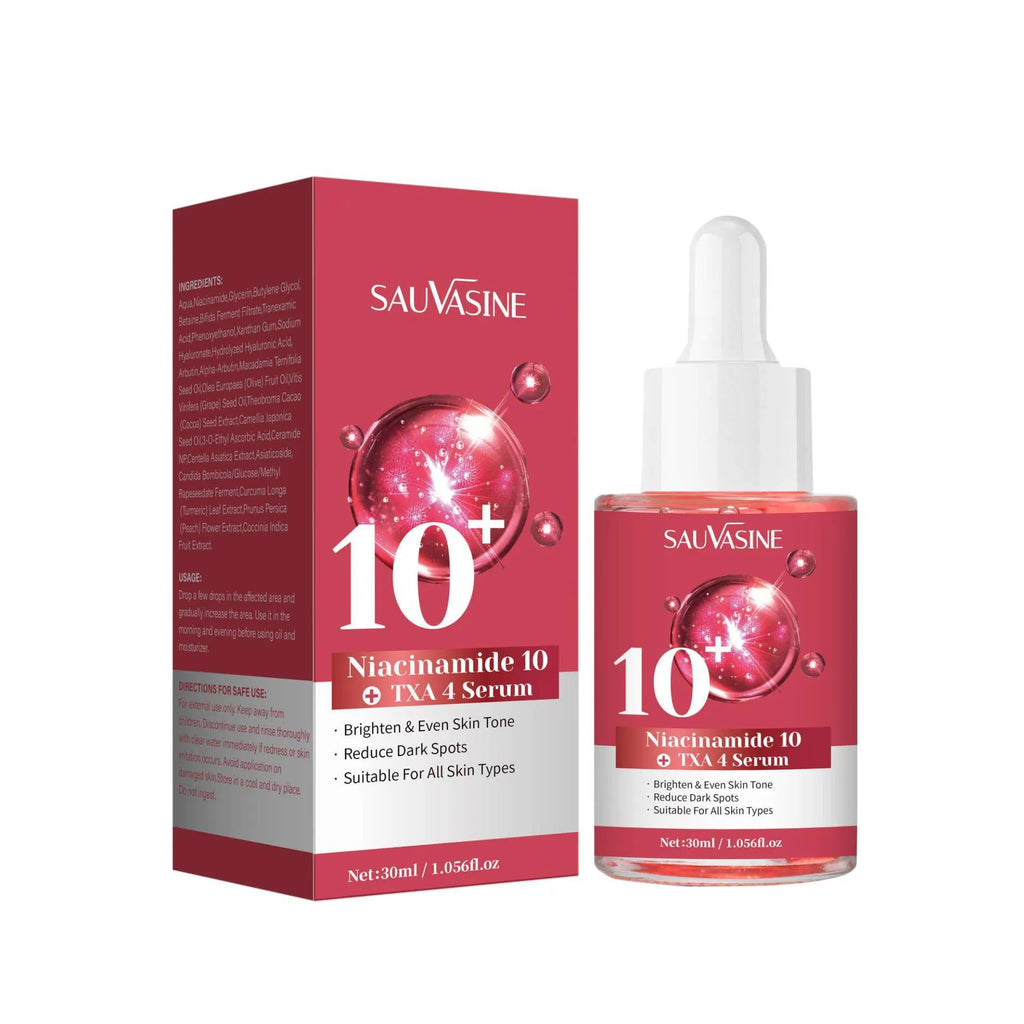 30ml bottle of Niacinamide 10% and Tranexamic Acid 4% treatment serum for hyperpigmentation.