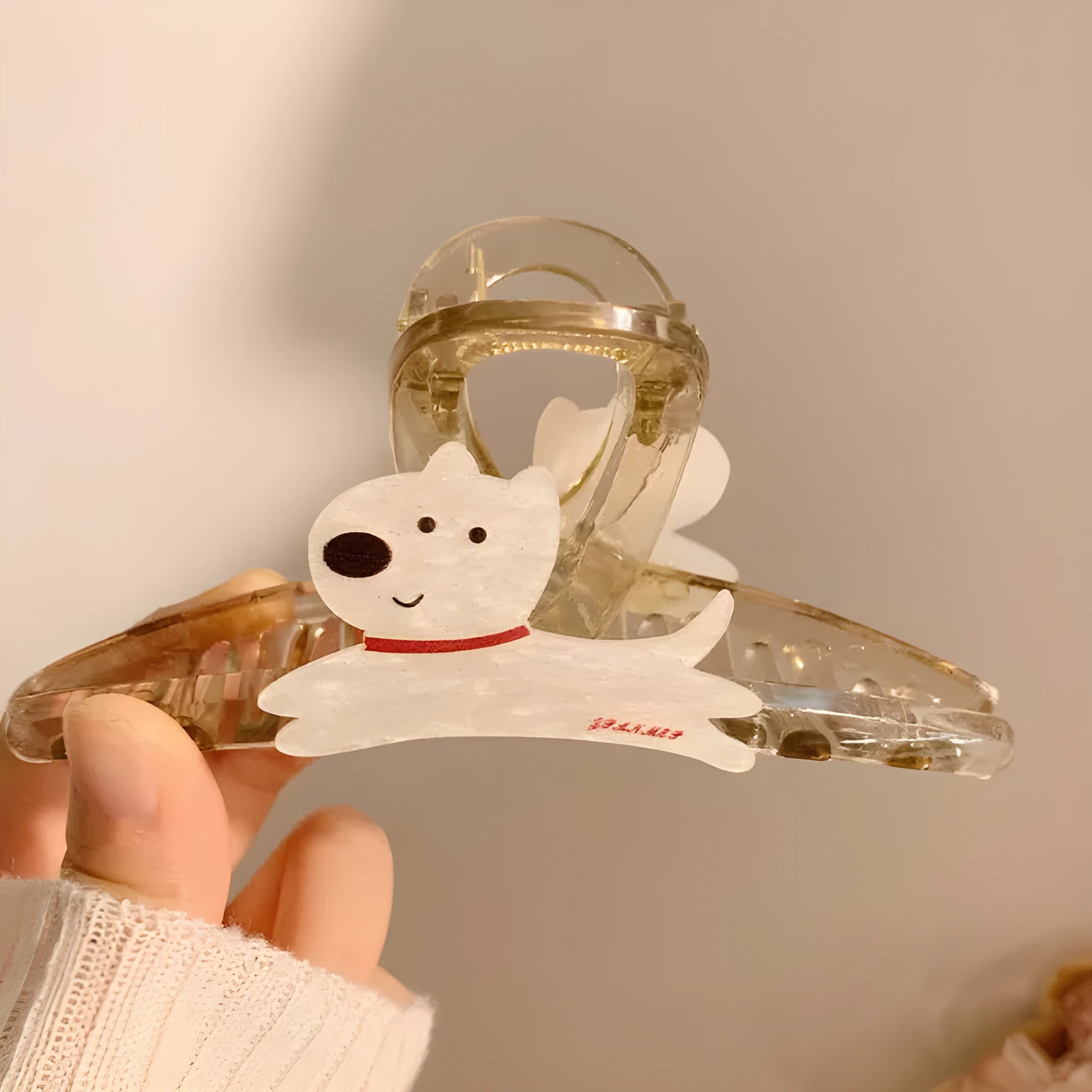 Cartoon puppy hair barrettes with metal spring clasp in beige and brown colours