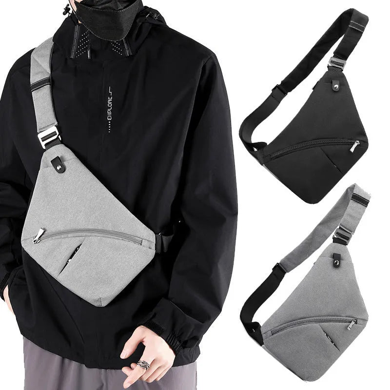 Men's oxford cloth chest bag worn on one shoulder in grey with letter detailing