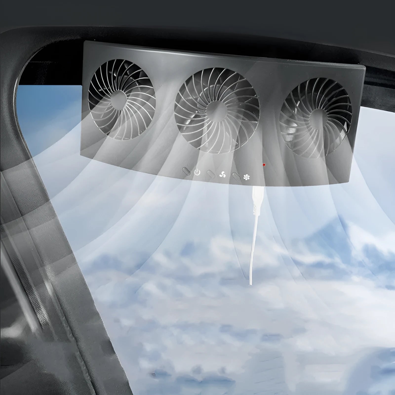 Black and white USB car ventilation fan with 1.5m cable on a car dashboard.