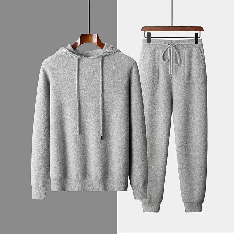 Men's grey cashmere hooded sweatshirt and matching pants set for winter casual wear