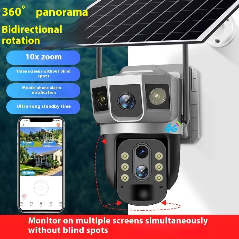 V380 outdoor security camera with solar panel showing 10x zoom lens and 4G antenna