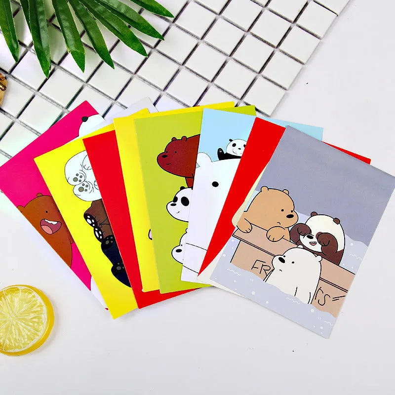 Nine Japanese-style postcards showing historic sites in cartoon minimalist illustration style