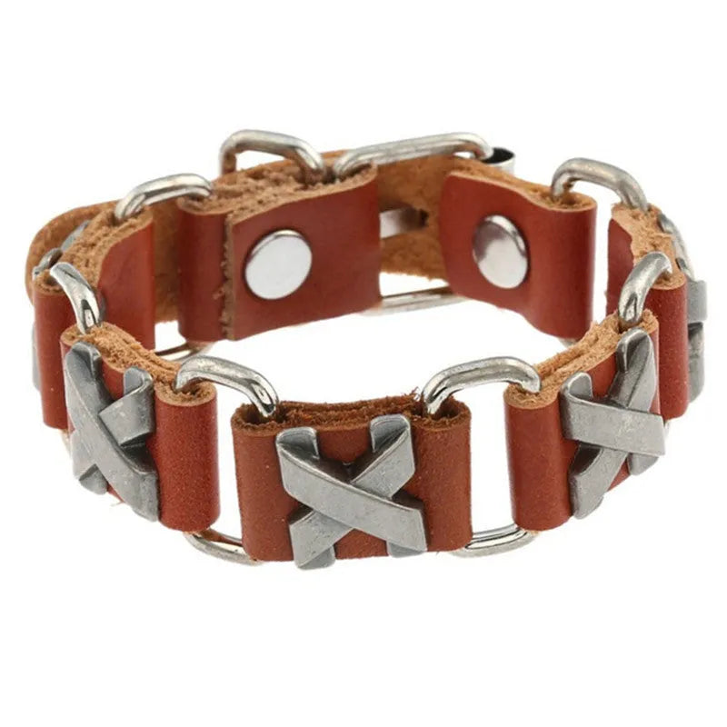 Black retro handmade leather bracelet with letter connection on a neutral background