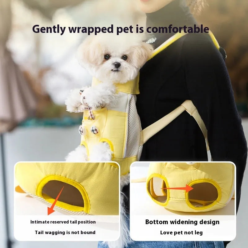 Soft cartoon animal design pet chest bag in canvas, shown in multiple colour stitching options.