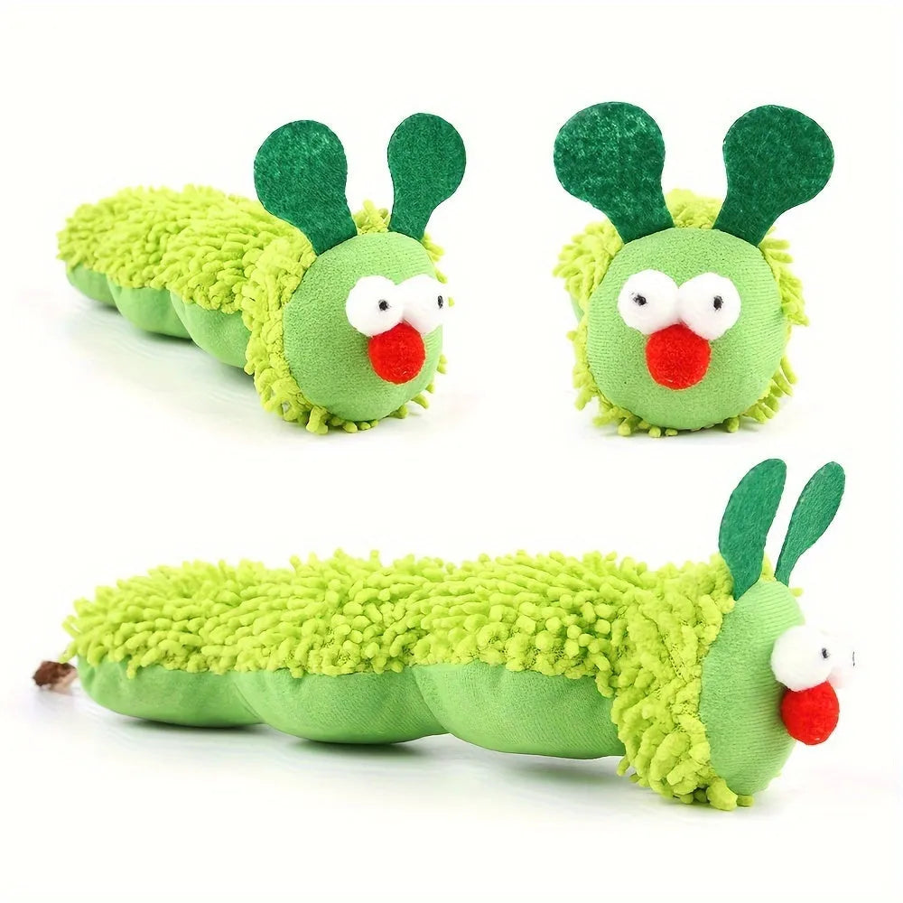 Green interactive plush cat toy with a feather teaser, shown next to a tape measure indicating 24 cm length.