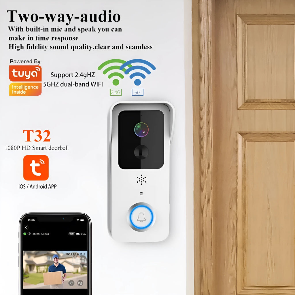Smart home waterproof HD visual doorbell with intercom on a white or black doodle board mount.
