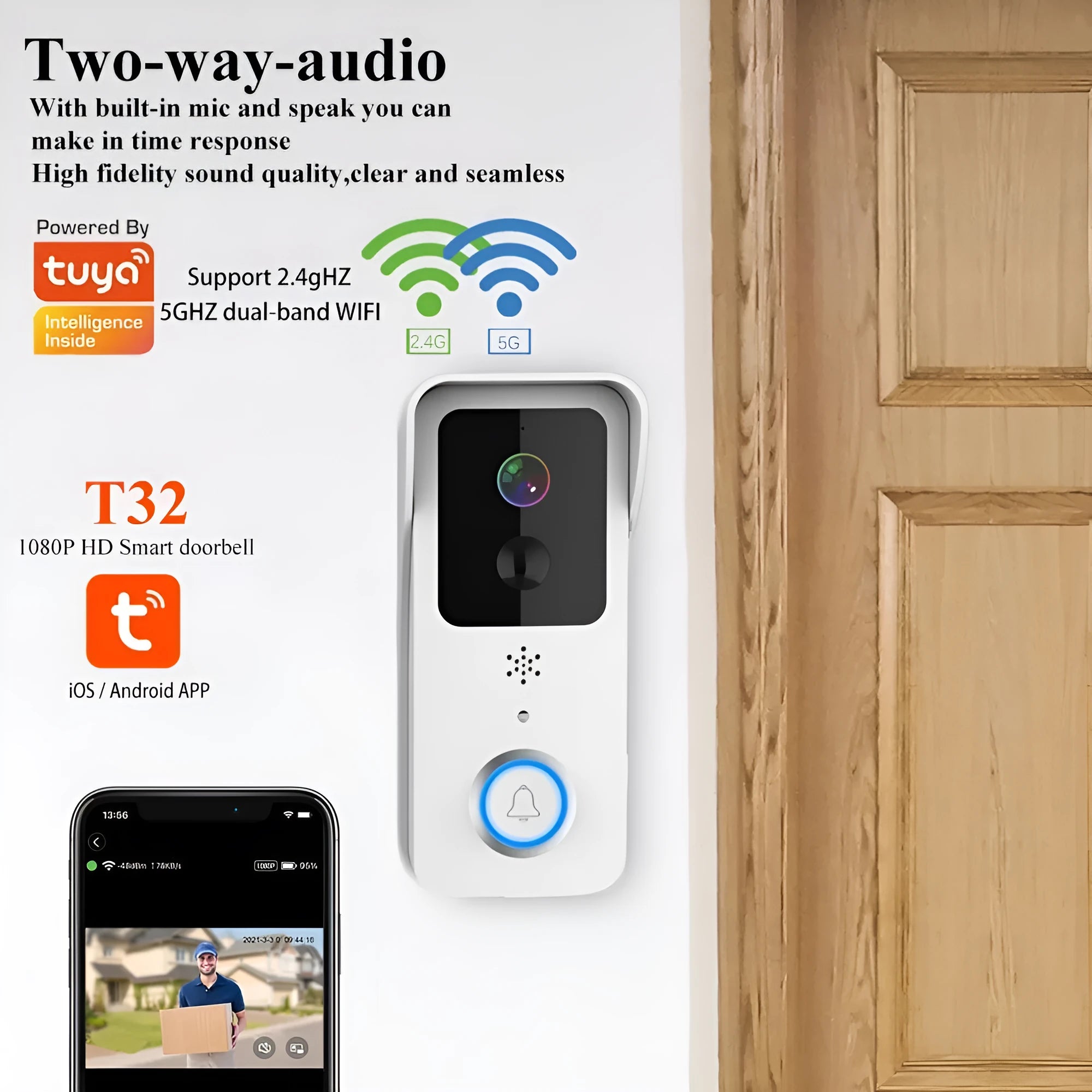 Smart home waterproof HD visual doorbell with intercom on a white or black doodle board mount.