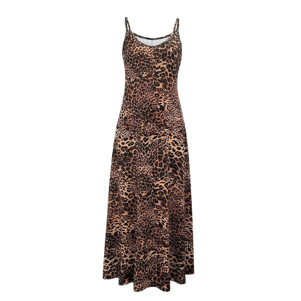 Dark brown leopard print sleeveless sling dress with round neck and shoulder strap, long hip skirt.