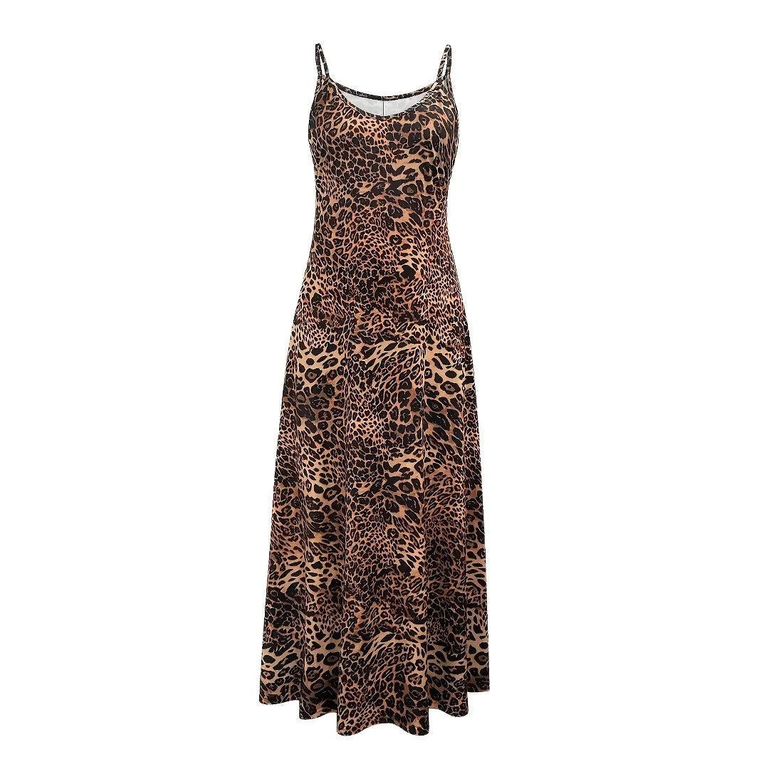 Dark brown leopard print sleeveless sling dress with round neck and shoulder strap, long hip skirt.