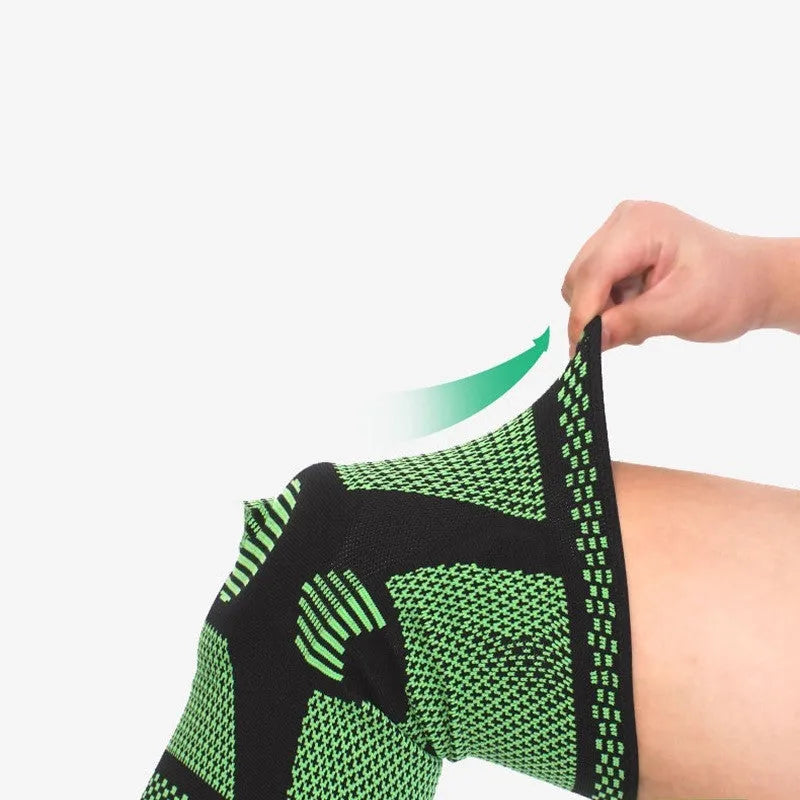 Silicone spring sports knee pads in blue, green, orange, and white colours showing polyamide construction