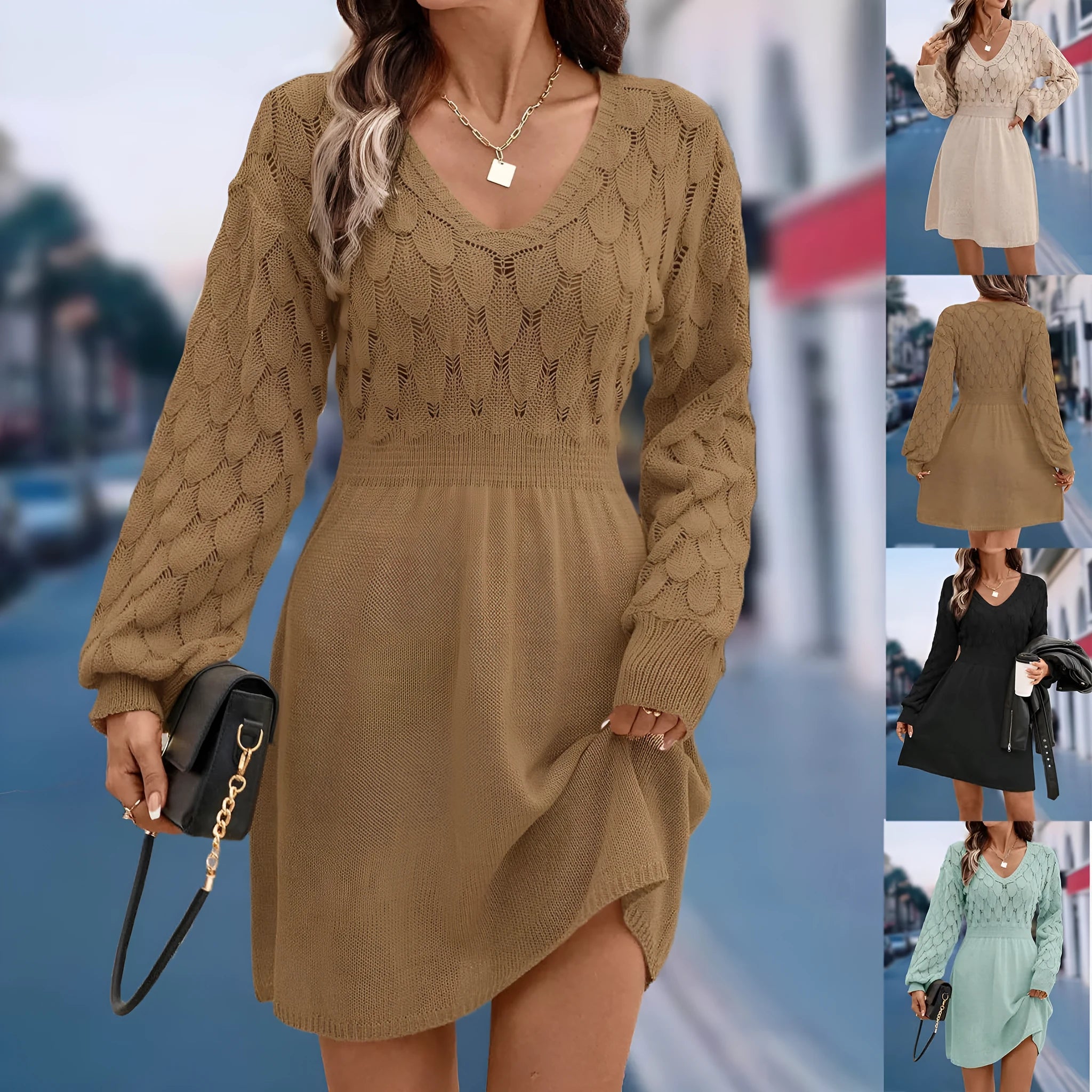Artistic retro v-neck dress with long sleeves and ethnic patterning in acrylic fabric