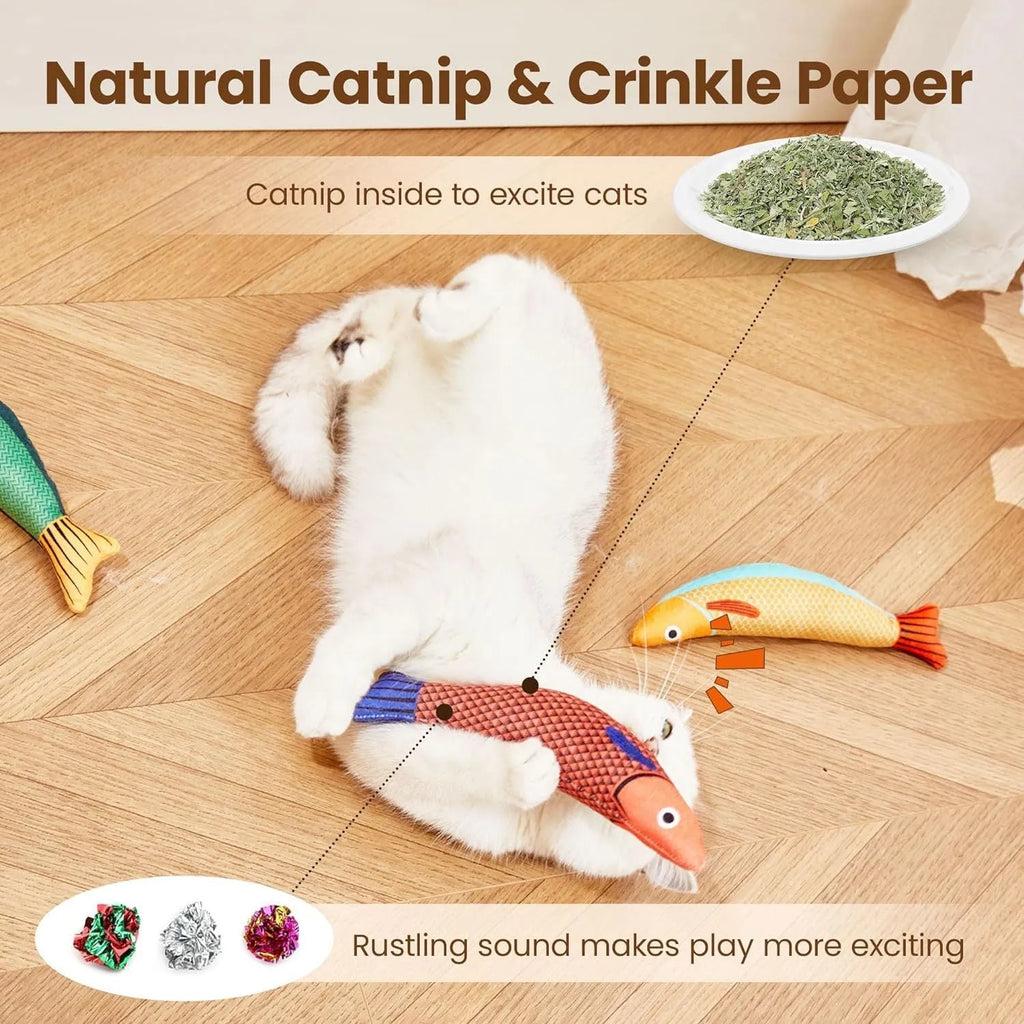 Soft plush saury fish cat kicker toy with organic catnip filling in green, orange, or yellow colours