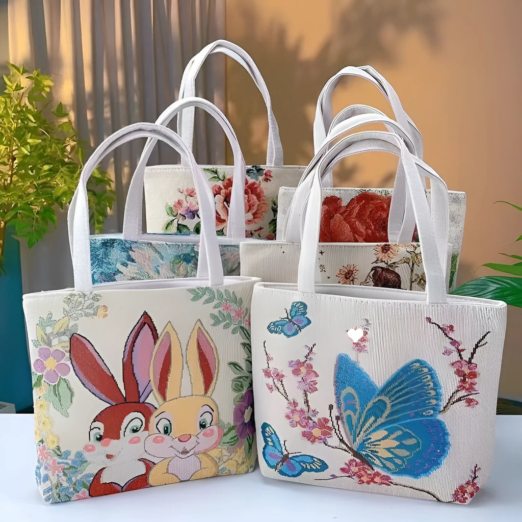 Double-sided embroidered canvas bag with gold wire detailing showing botanical pattern