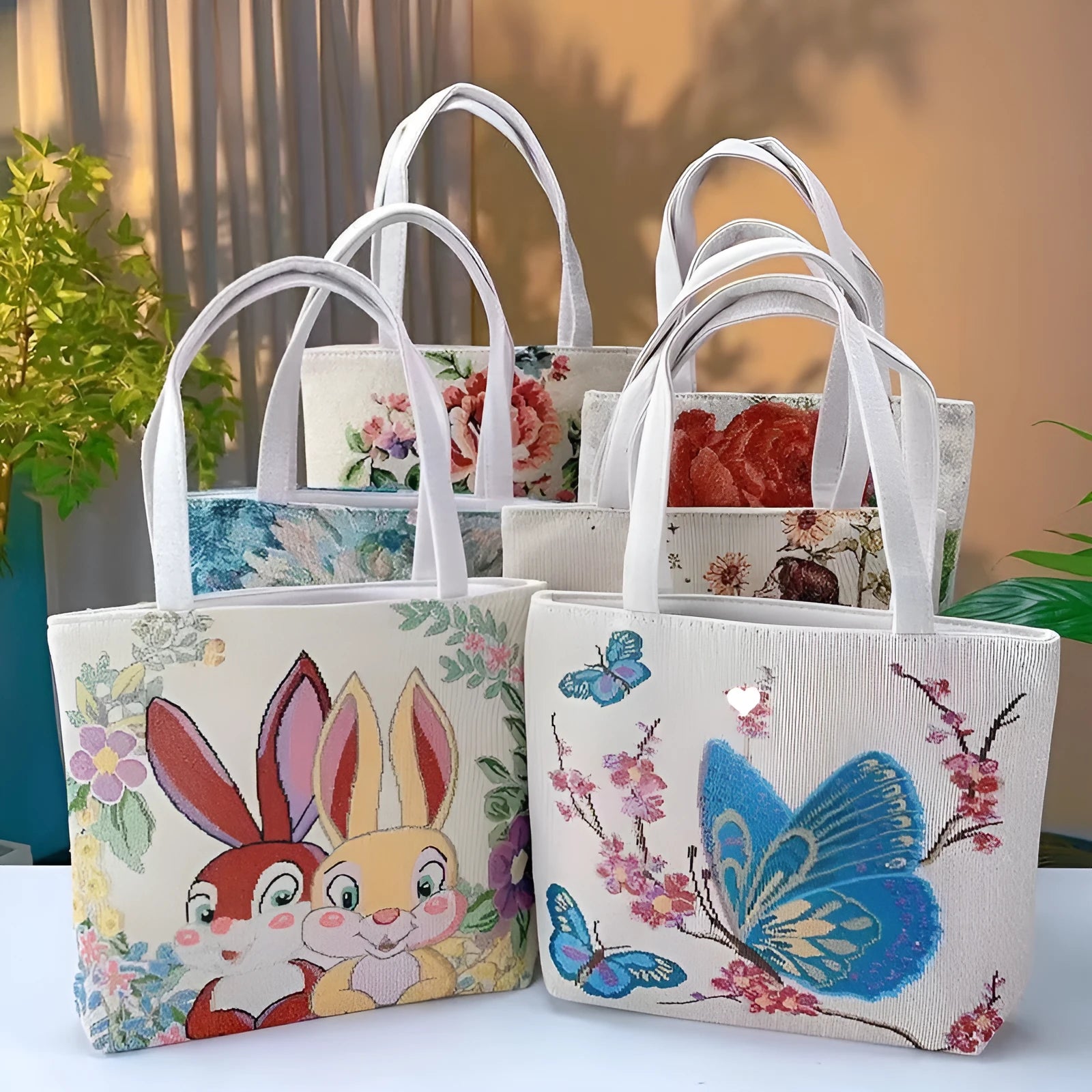 Double-sided embroidered canvas bag with gold wire detailing showing botanical pattern