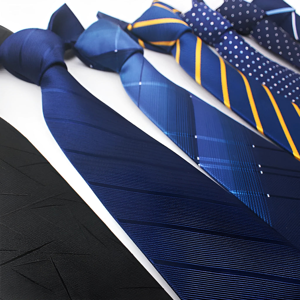 Red, black, and blue striped jacquard polyester men's tie with an 8cm width and arrow point.