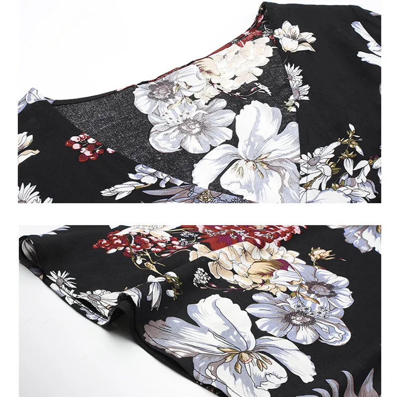 Women's floral print beach dress with V-neck, short sleeves, elastic waist, and mid-length skirt.