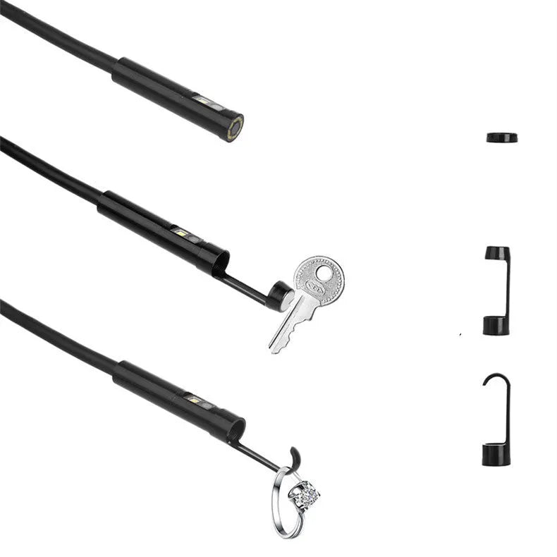 F300 WiFi dual lens endoscope camera with 5.5mm and 8mm probes, magnet, and hook accessories on a smartphone display