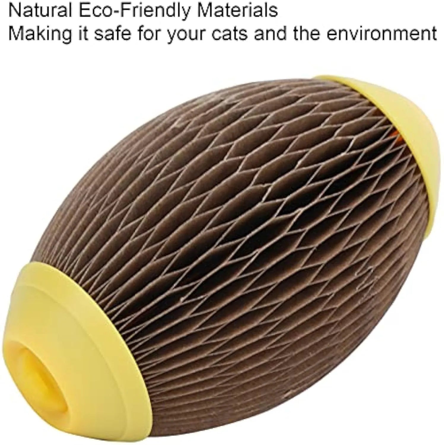 Ellipse-shaped corrugated paper catnip ball toy for cats on a neutral background