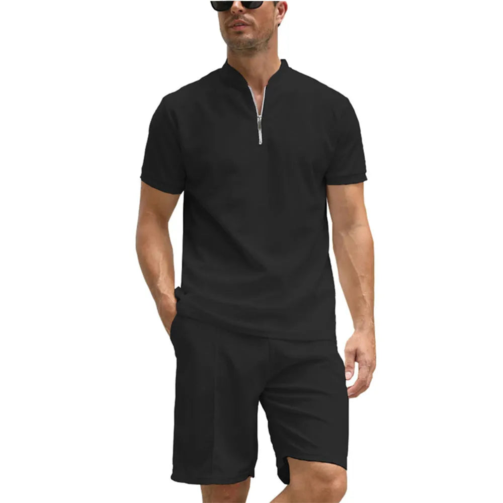 Men's solid colour polo shirt and trousers two-piece set in beaded bird's eye polyester fabric