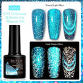Six bottles of Diamond in the Debris cat eye UV gel nail polish showing glitter and magnetic finishes.