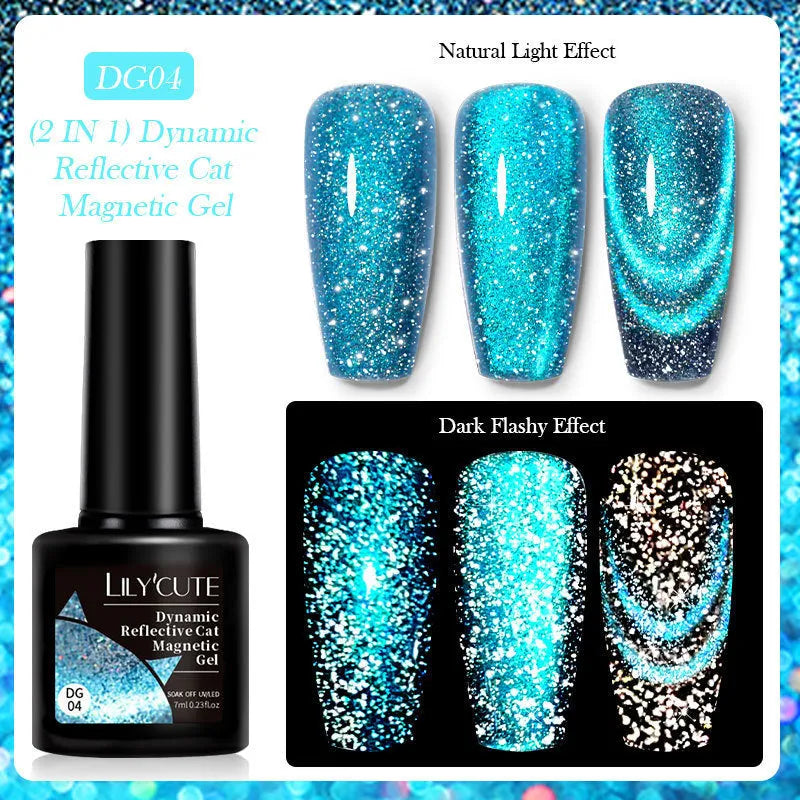 Six bottles of Diamond in the Debris cat eye UV gel nail polish showing glitter and magnetic finishes.
