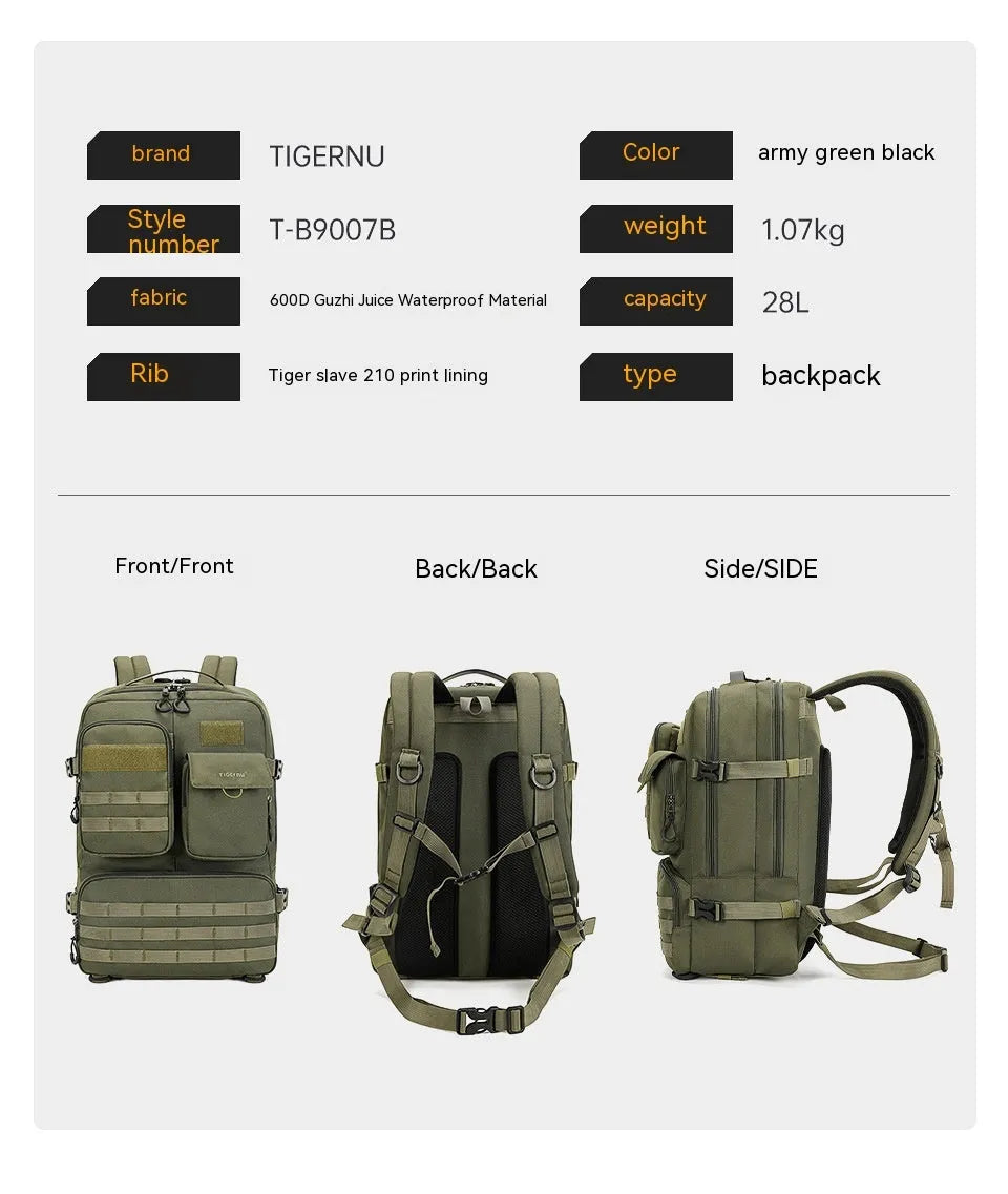 Army green 17-inch tactical nylon backpack with 20-35L capacity for outdoor use.