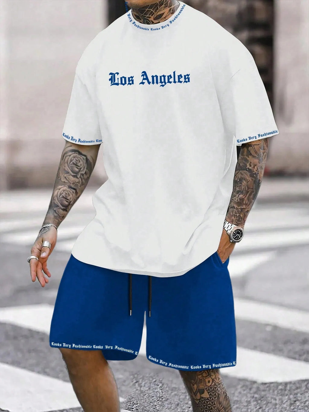 Sports style short-sleeved top and matching shorts set in solid colour on hanger