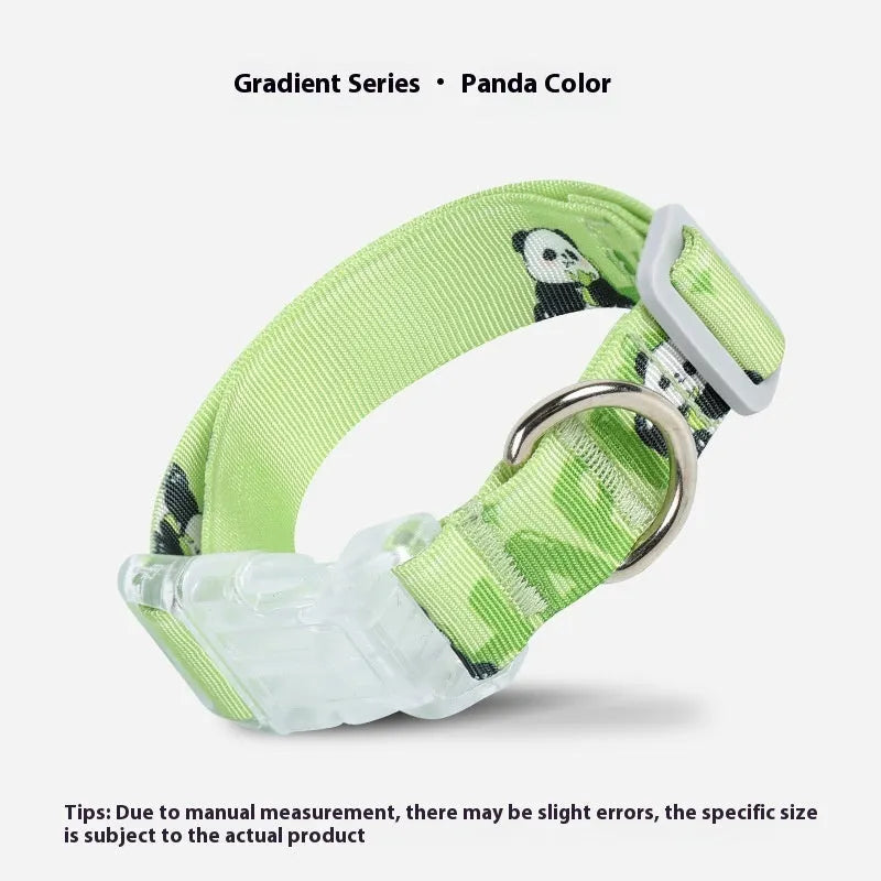 Adjustable nylon dog collar with gradient cartoon printing in Panda Green colour showing size adjustment mechanism