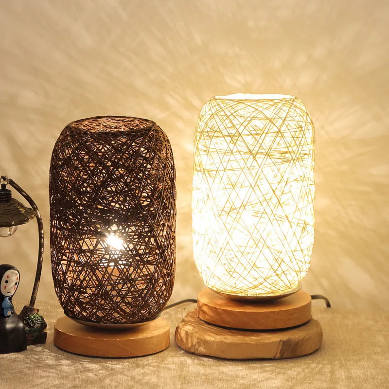 Sepak Takraw desk lamp made from hemp rope with solid wood base and LED light