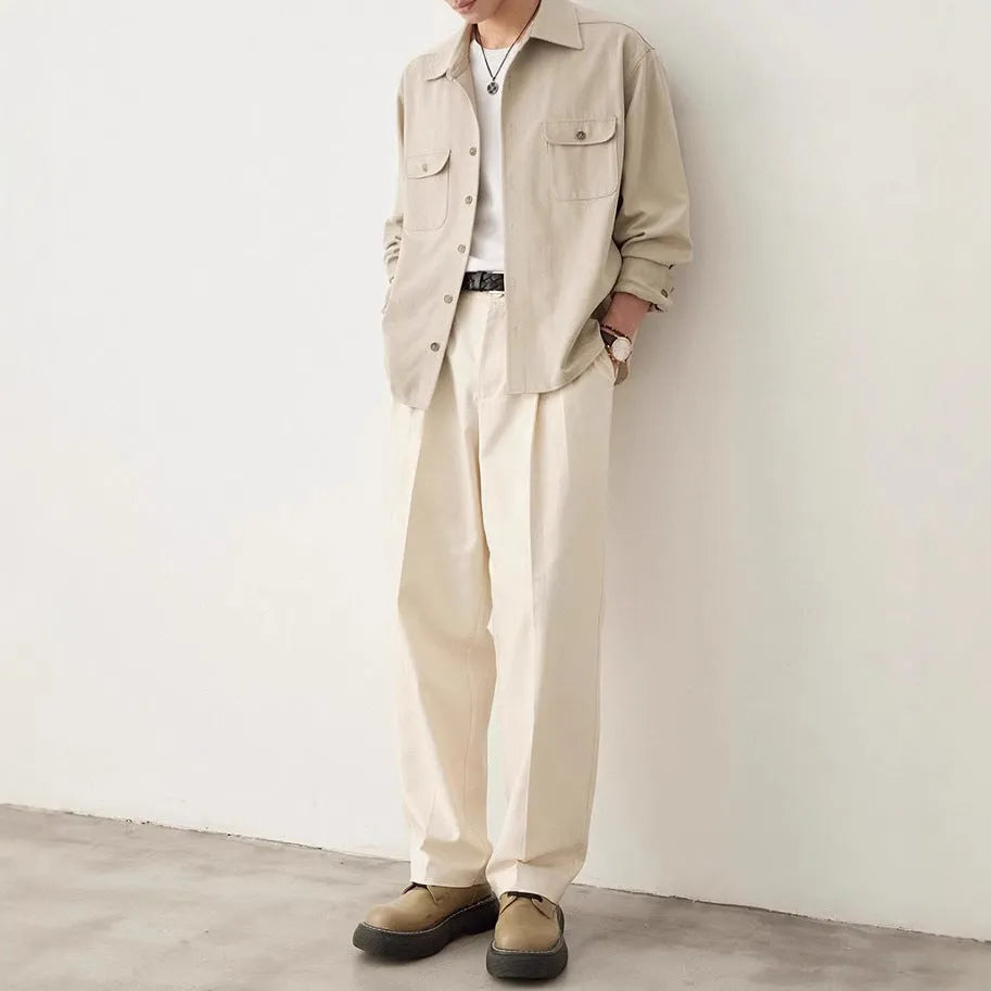 Men's cotton blend casual shirt with long sleeves in light sand rice colour with simple lapel