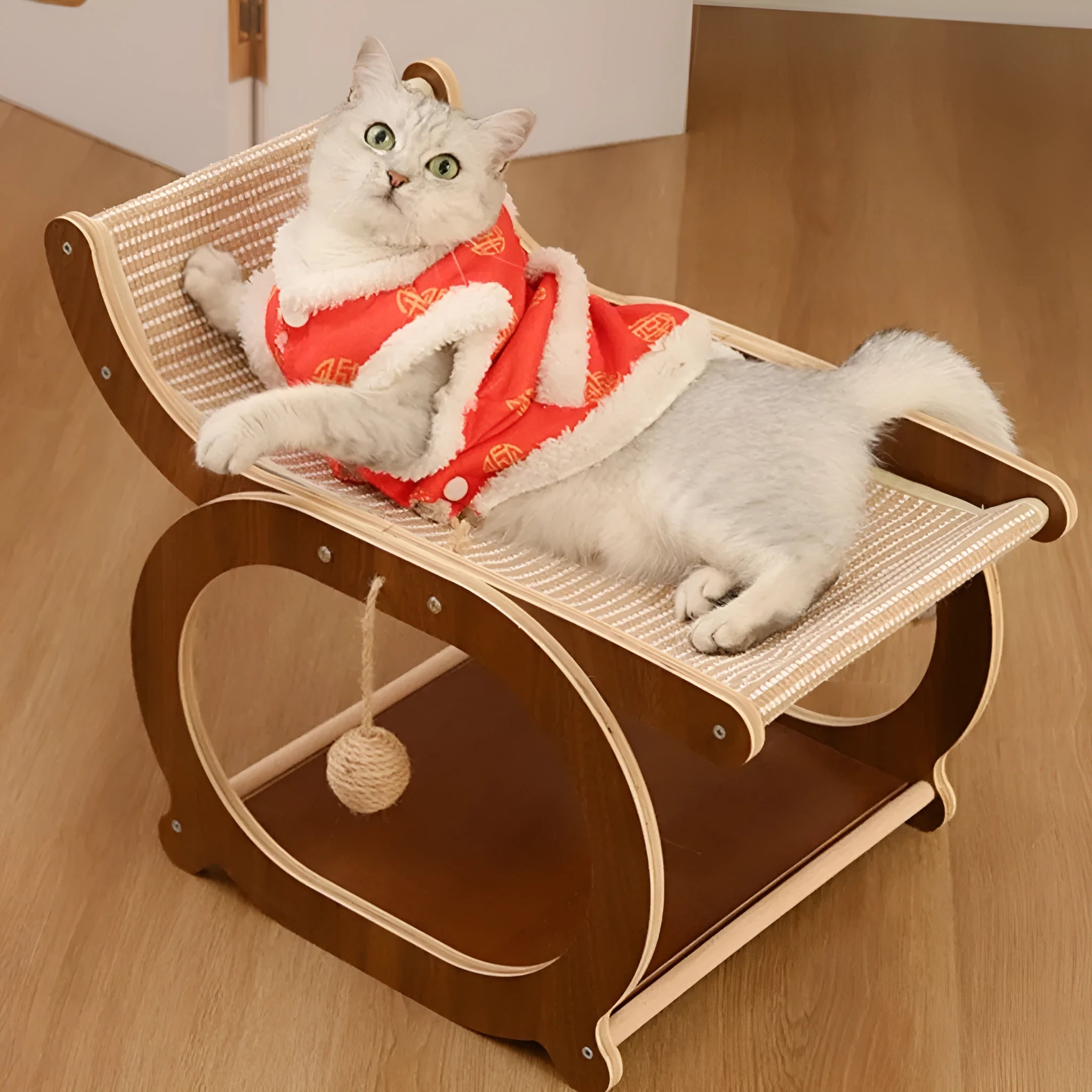Solid wood cat scratcher bed with sisal scratching surface in natural wood finish