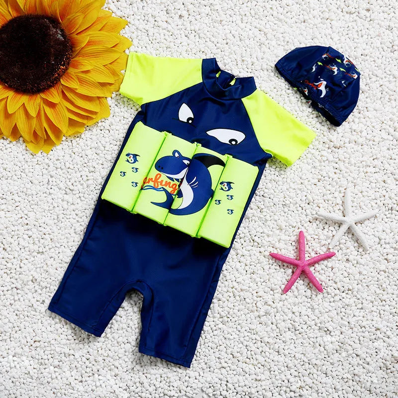 Unisex buoyancy swimsuit one-piece in shark boy cartoon plaid design for swimming