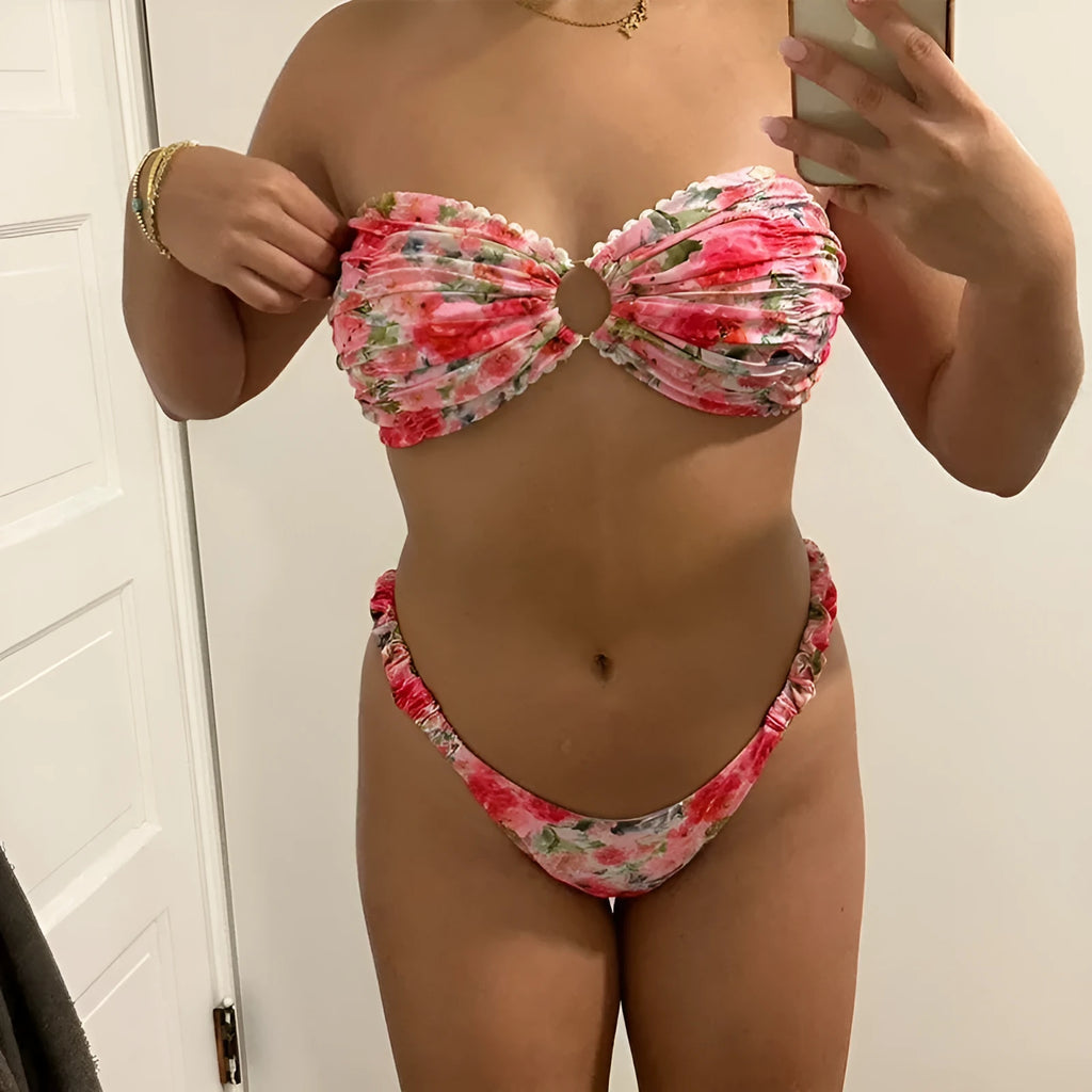 Floral print tube top and lace briefs bikini set in polyester fabric for swimming