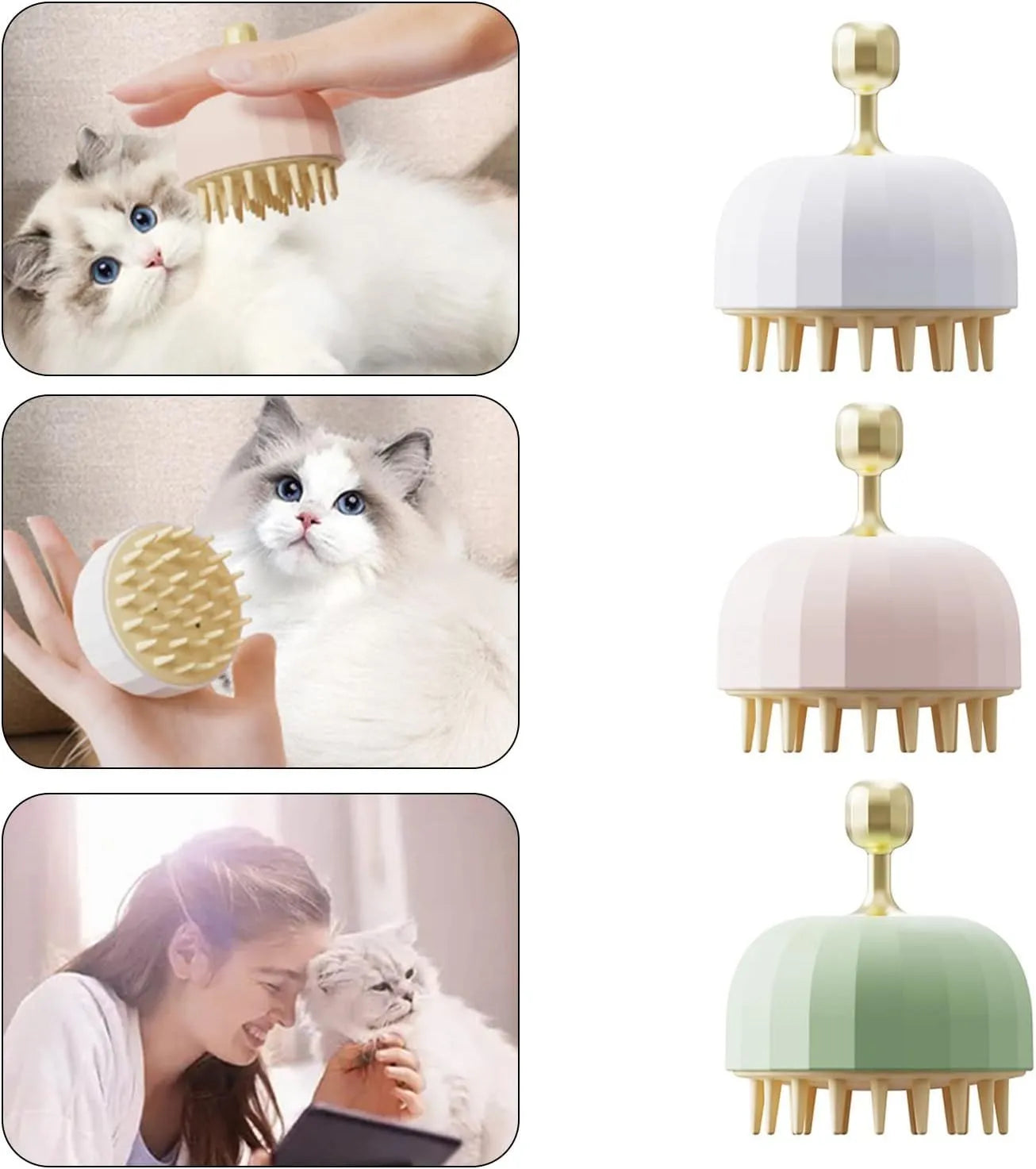 Green silicone double-sided pet bath massage brush with soft bristles on a bathroom counter.
