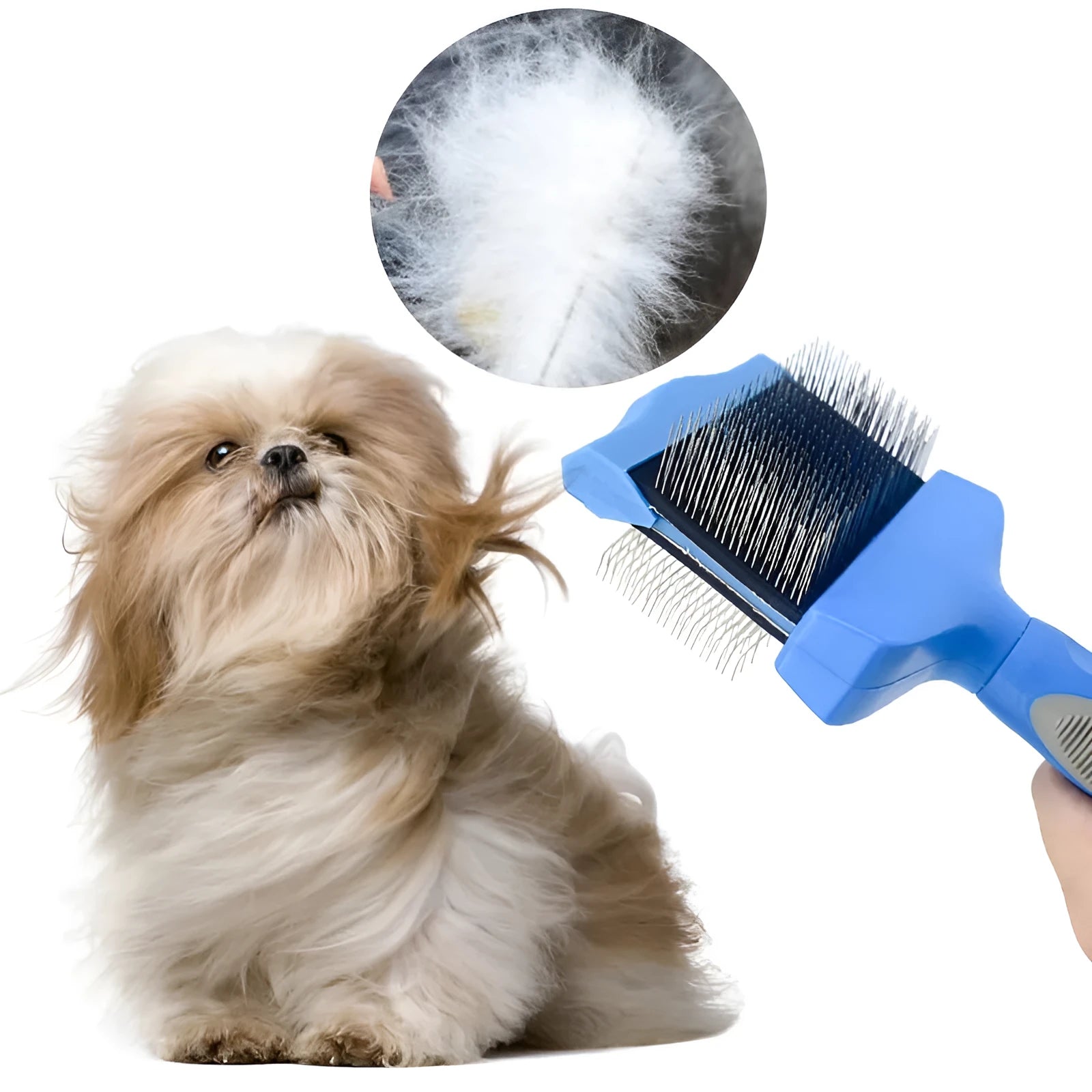 Double-sided pet brush with stainless steel pins on one side and soft bristles on the other
