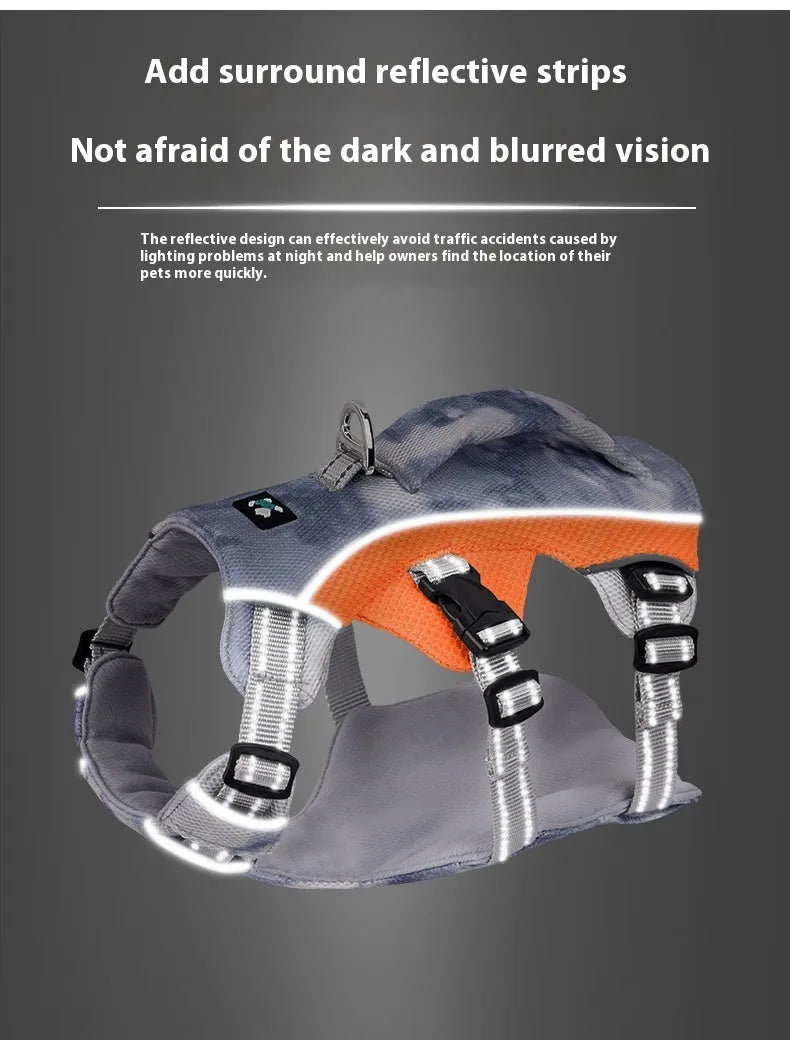 Reflective light blue dog cooling vest with chest strap on a medium-sized dog