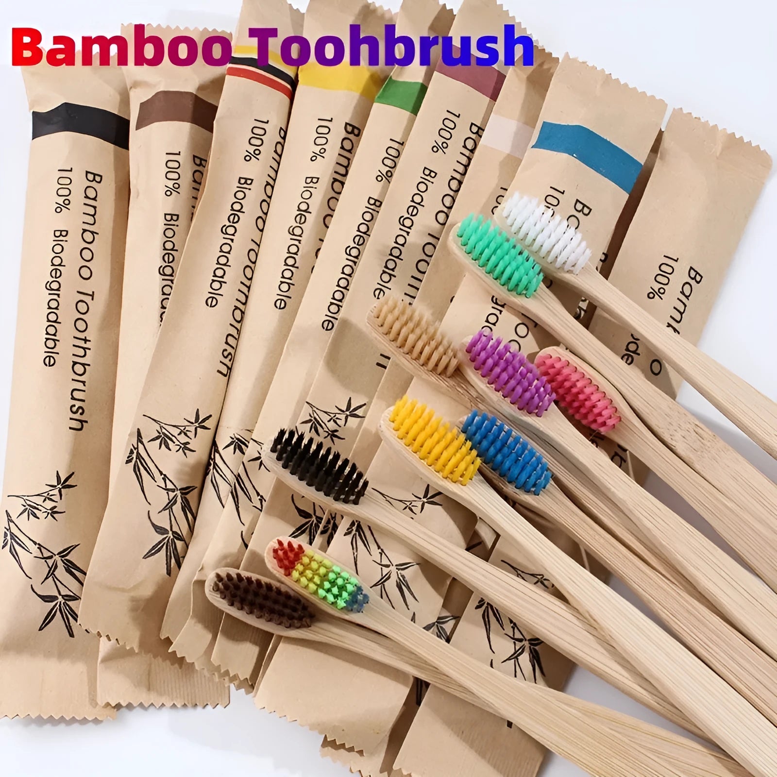 10 bamboo toothbrushes with coloured handles and charcoal bristles displayed together