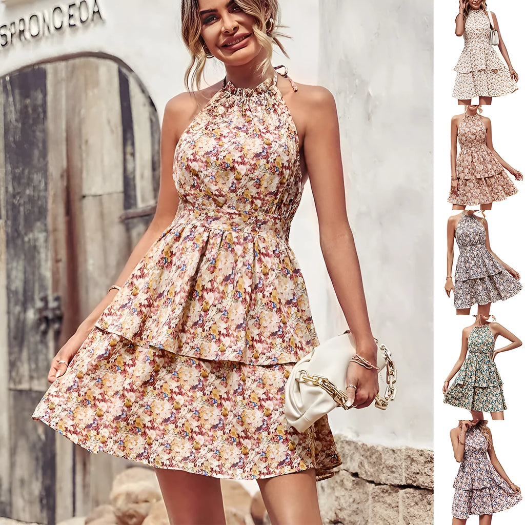 Women's summer halter dress with backless design, A-line silhouette and ruffle detailing in apricot red colour