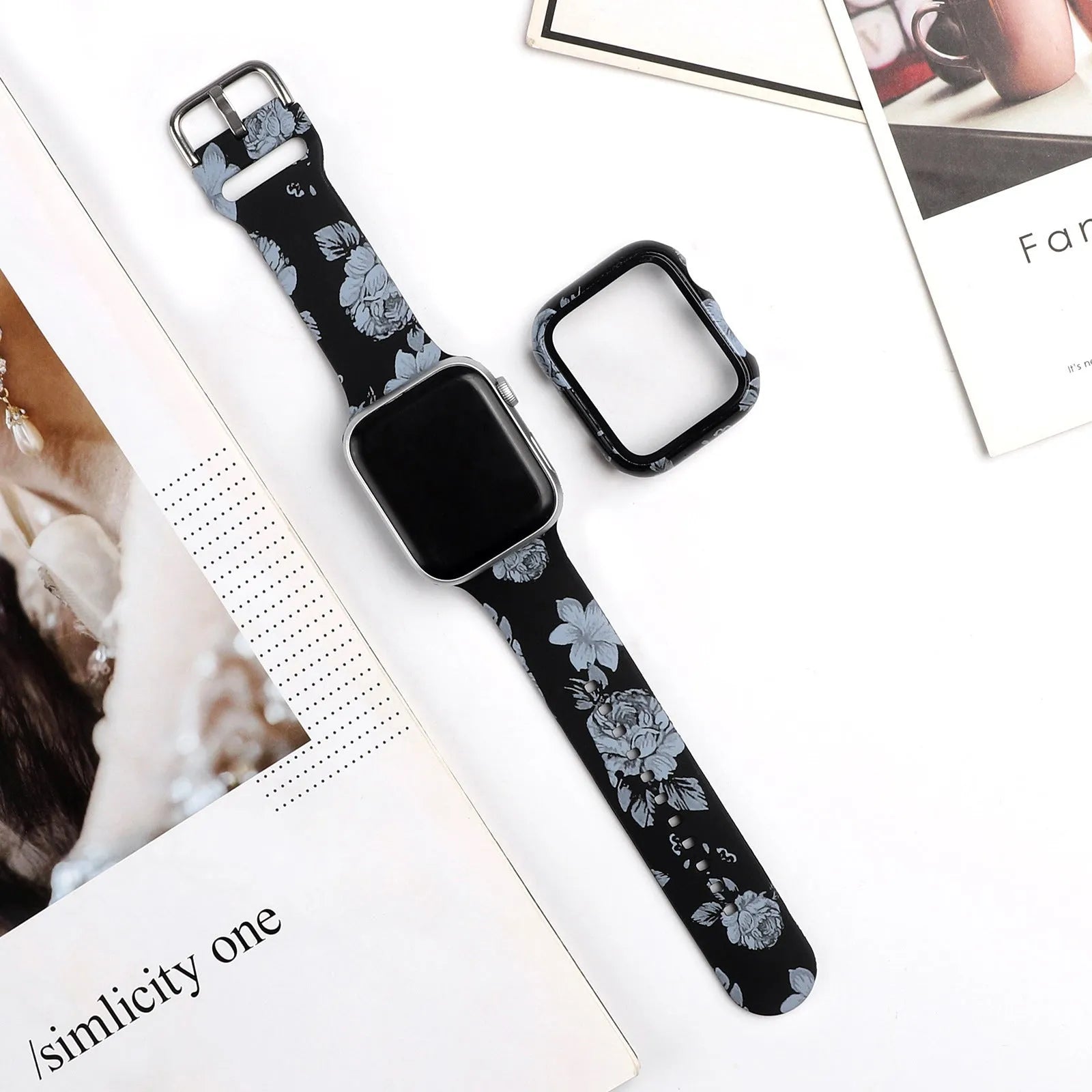 Printed silicone watch strap compatible with Apple Watch, showing multiple design options and size specifications.