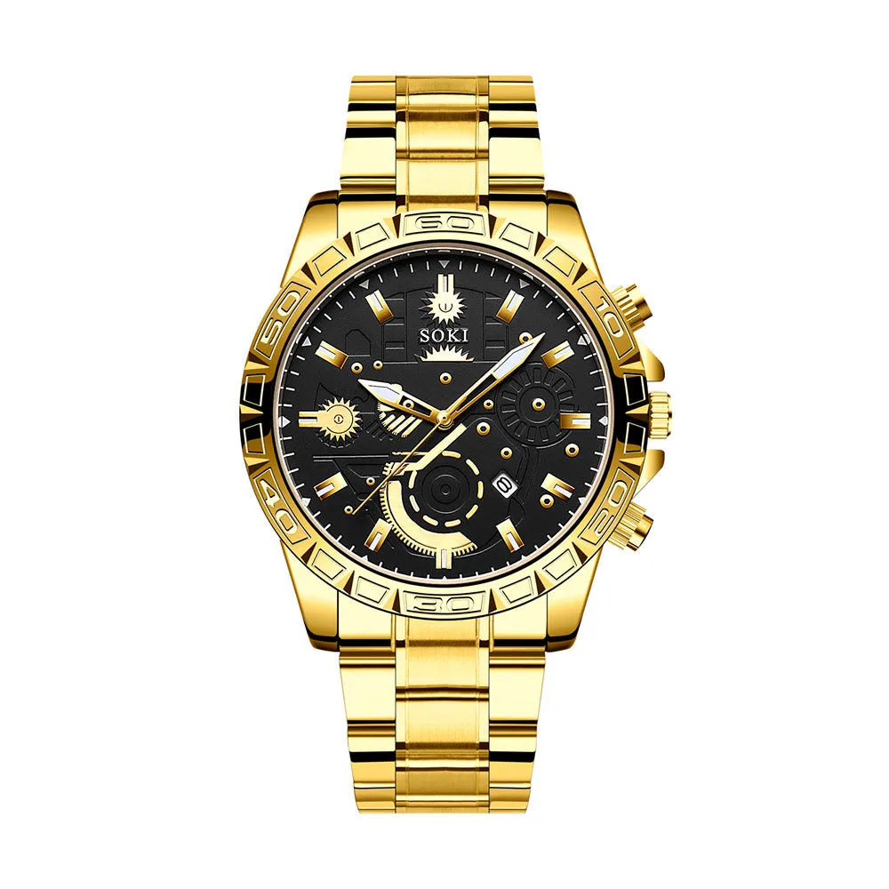 Gold-coloured men's stainless steel quartz watch with business styling and 10mm thickness