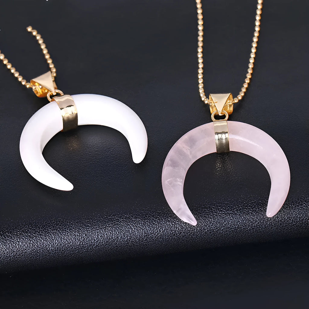 Natural stone moon pendant necklace with copper fittings on adjustable chain in pink or purple colour