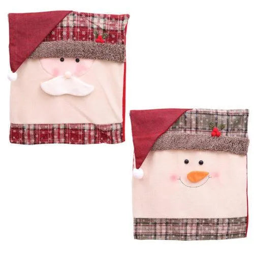 Set of red and white Christmas chair covers featuring Santa Claus, Snowman, and Santa Hat designs.