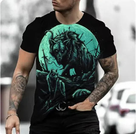 Men's grey T-shirt with a retro-style 3D digital print of an animal graphic on the front.